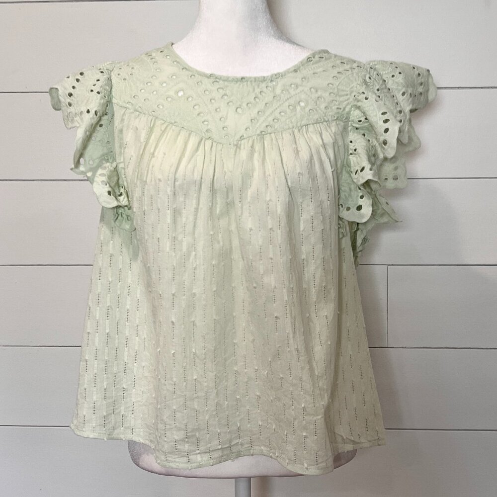 Design History Light Green Eyelet SS Blouse Size L
